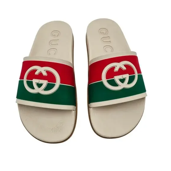 Gucci GG Slide Flat Pool Sandal White Red Green Web Stripe Rubber Size 40 US 10 - Picture 3 of 11